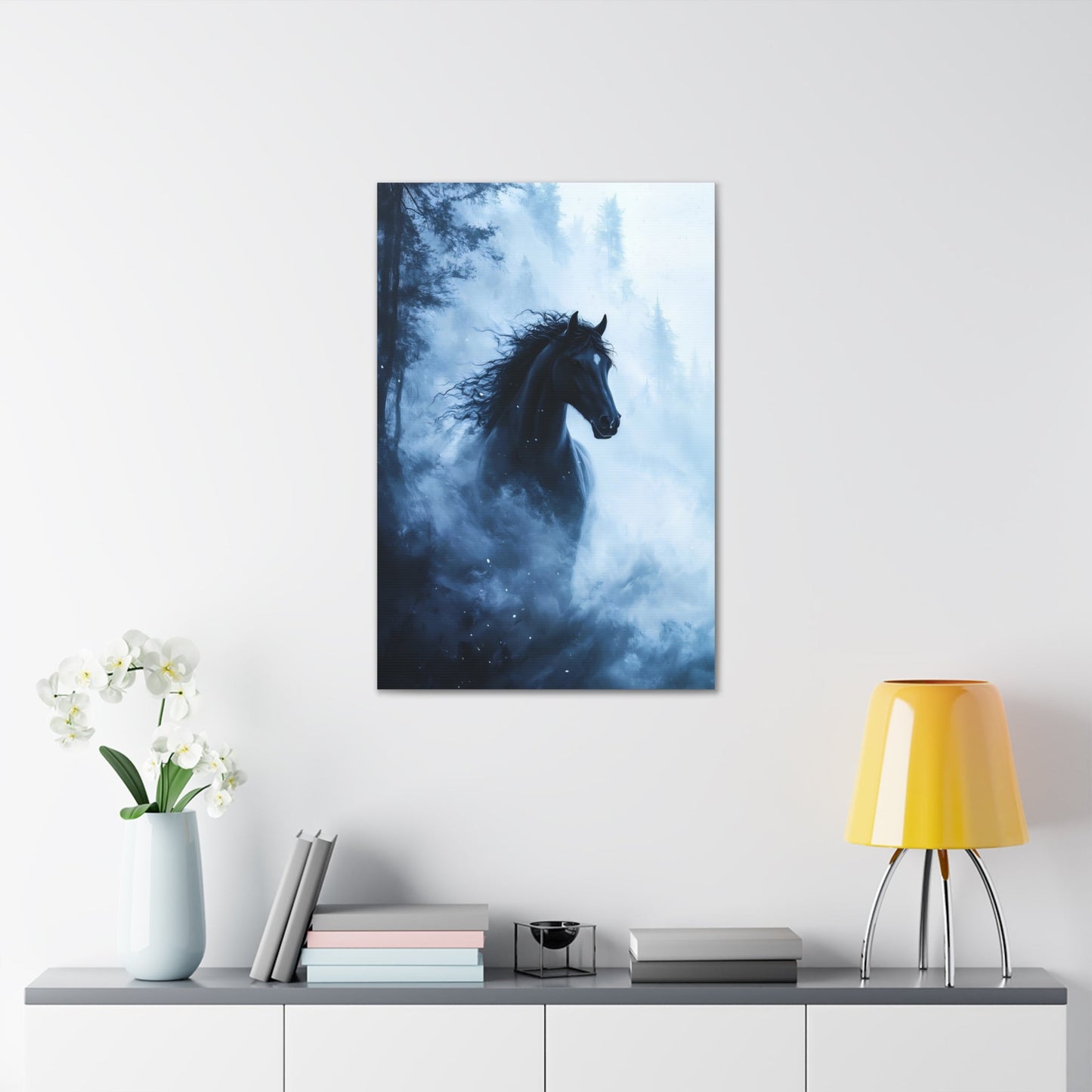 Vertical-oriented wall art: "Shadowed Stallion IV" A powerful black stallion charges through a misty forest, its mane flowing wildly as snow swirls around it. The contrast between the horse's dark figure and the soft, ethereal fog creates a striking, otherworldly scene.