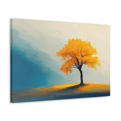 Horizontal-oriented wall art: Artwork titled Autumn’s Glow from the Ethereal Horizons collection, featuring a vibrant golden tree standing alone in a serene, misty landscape. The composition combines warm amber tones with soft teal hues, evoking tranquility and the timeless beauty of autumn.