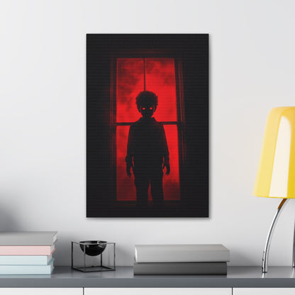 Vertical-oriented wall art: "Shadows in the Mist II." A shadowy child-like figure with glowing red eyes stands against a crimson-illuminated window, shrouded in red mist and black silhouettes, evoking an eerie and supernatural atmosphere.