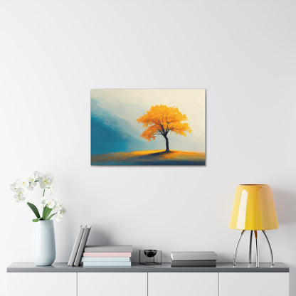 Horizontal-oriented wall art: Artwork titled Autumn’s Glow from the Ethereal Horizons collection, featuring a vibrant golden tree standing alone in a serene, misty landscape. The composition combines warm amber tones with soft teal hues, evoking tranquility and the timeless beauty of autumn.