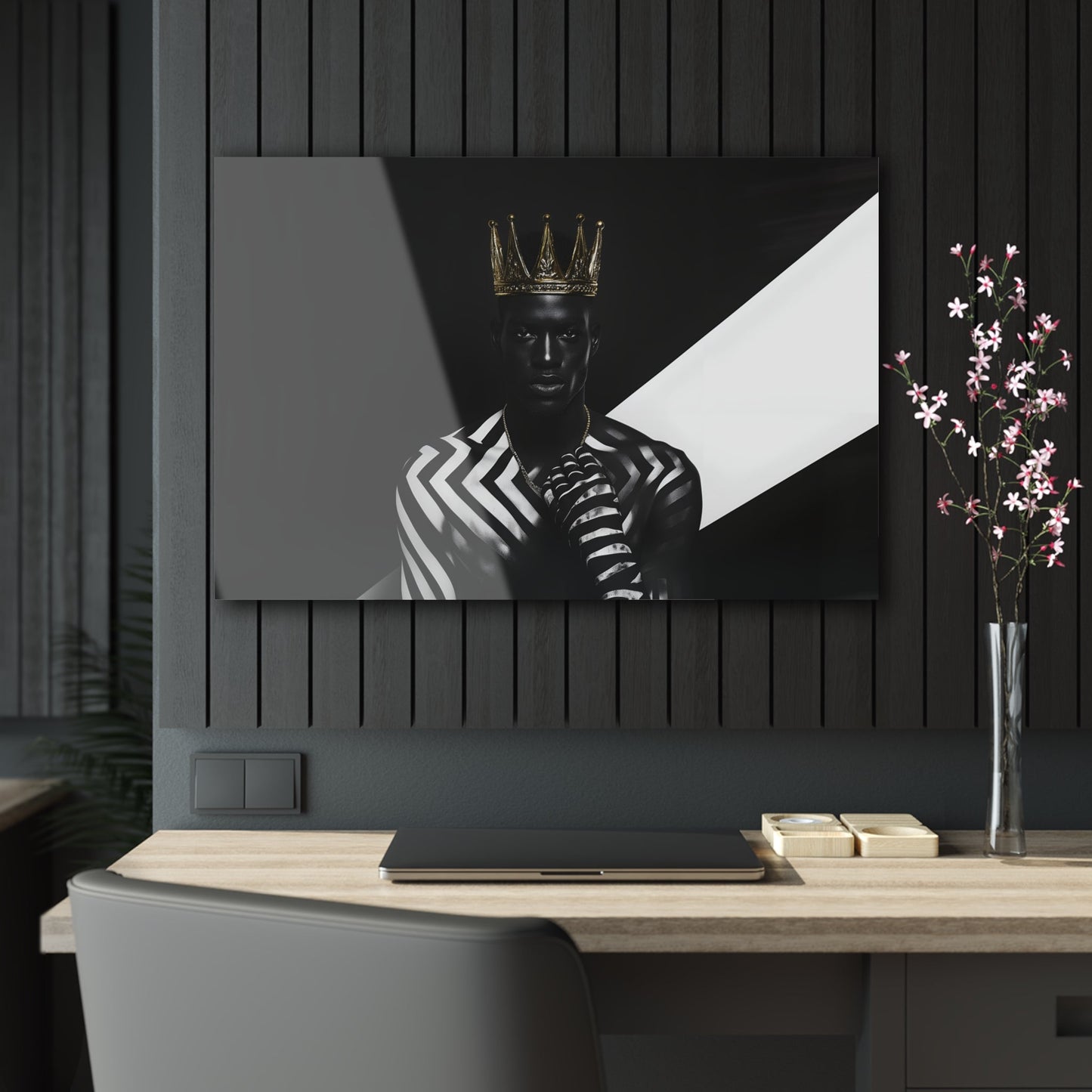 Horizontal-oriented wall art: "Crown of Dignity III" A striking portrait of a regal figure wearing a metallic gold crown, adorned in bold black and white geometric patterns. The artwork captures a modern, dignified presence, blending contemporary abstraction with royal elegance against a high-contrast background.