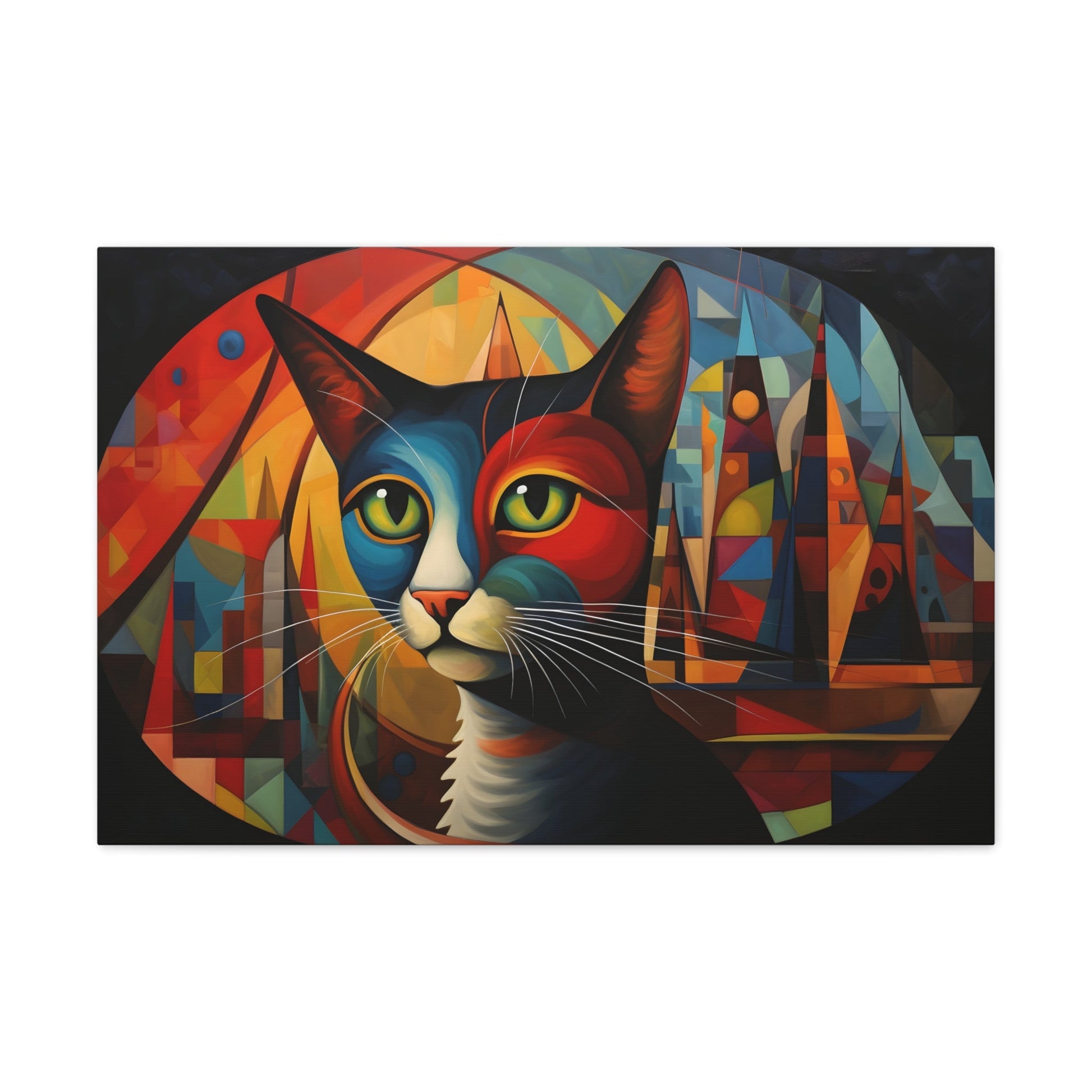 Horizontal-oriented wall art: A vibrant, abstract portrayal of a cat featuring dynamic angles and bold geometric shapes, rendered in rich, saturated colors. The composition captures the essence of the feline’s curiosity and grace, offering a modernist perspective on the animal world.