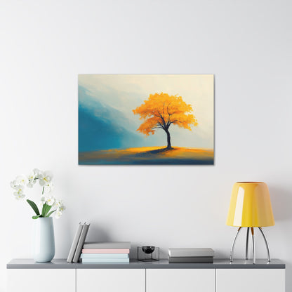 Horizontal-oriented wall art: Artwork titled Autumn’s Glow from the Ethereal Horizons collection, featuring a vibrant golden tree standing alone in a serene, misty landscape. The composition combines warm amber tones with soft teal hues, evoking tranquility and the timeless beauty of autumn.