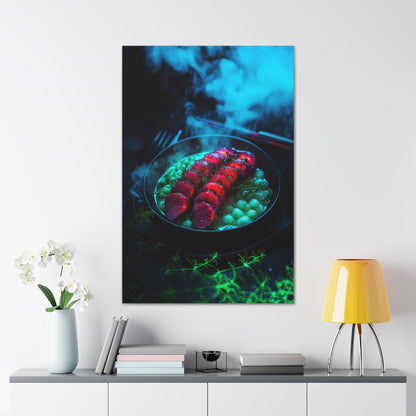 Vertical-oriented wall art: "Xeno Cuisine II." A glowing plate of vibrant red alien meat and bioluminescent green vegetables sits on a dark, misty backdrop. The surreal lighting and vivid colors evoke a futuristic, otherworldly atmosphere.