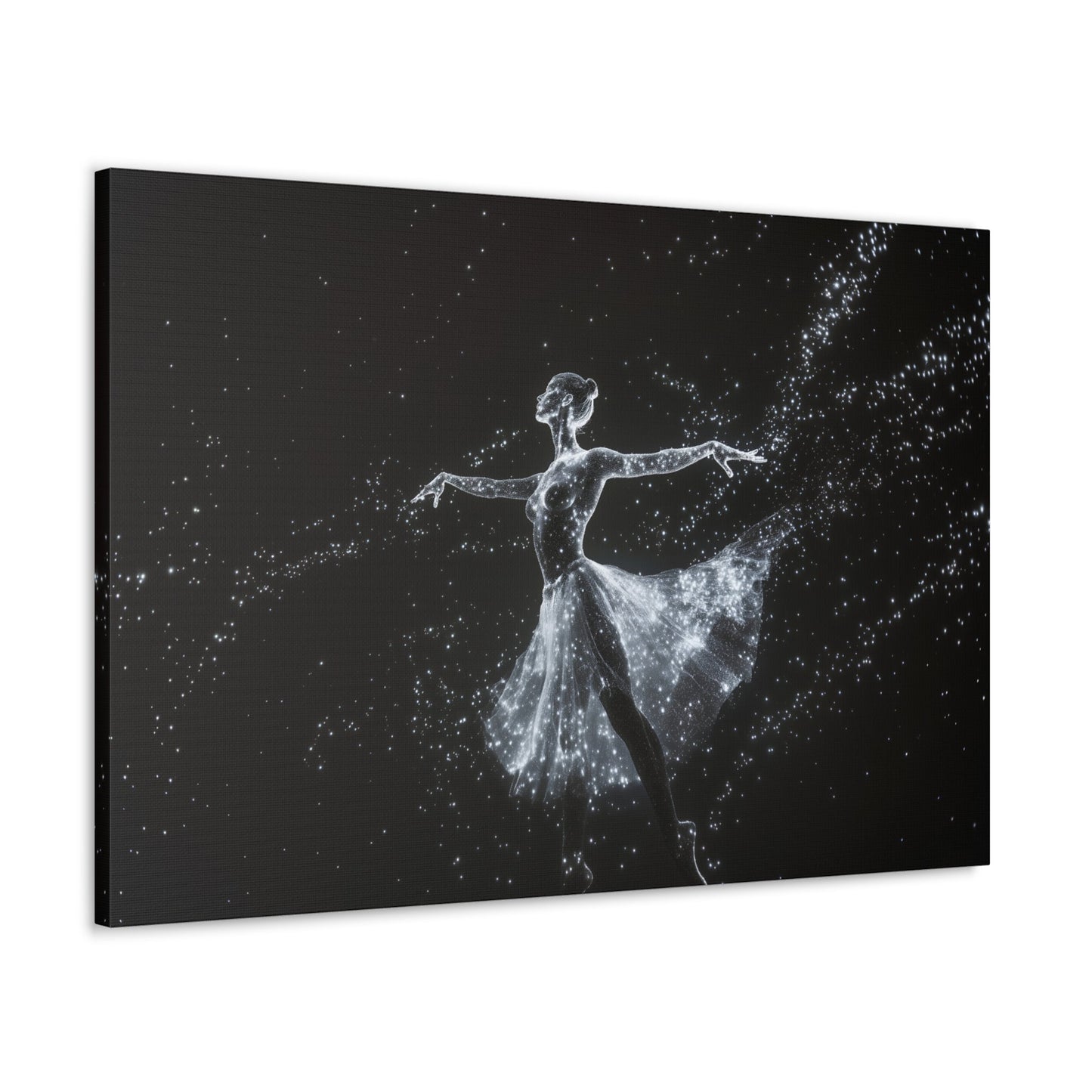 Horizontal-oriented wall art: "Cosmic Ballet III" A ballerina made of radiant, star-like dots gracefully dances against a dark, star-filled backdrop, her silhouette shining in monochromatic light. The scene captures the ethereal beauty of a cosmic dance, with stars trailing from her flowing skirt.