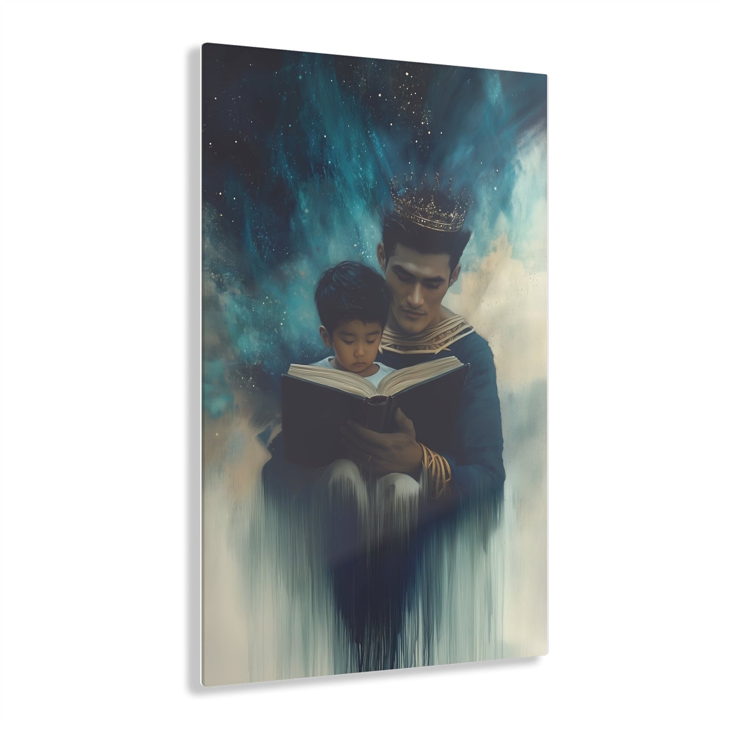 Vertical-oriented wall art: "Crowning Knowledge VI" depicts a father and son wearing golden crowns, reading a book together, surrounded by a swirling, cosmic blue and teal background. The soft, ethereal atmosphere emphasizes the serene and mystical bond of shared learning and wisdom between the two figures.