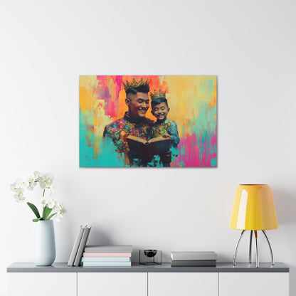 Horizontal-Oriented wall art: "Crowning Knowledge V" depicts a joyful father and son wearing golden crowns, smiling as they share a moment of reading together against a vibrant, abstract background of pinks, oranges, and blues. The artwork blends detailed portraiture with a playful, colorful backdrop, capturing the warmth and happiness of family bonds.