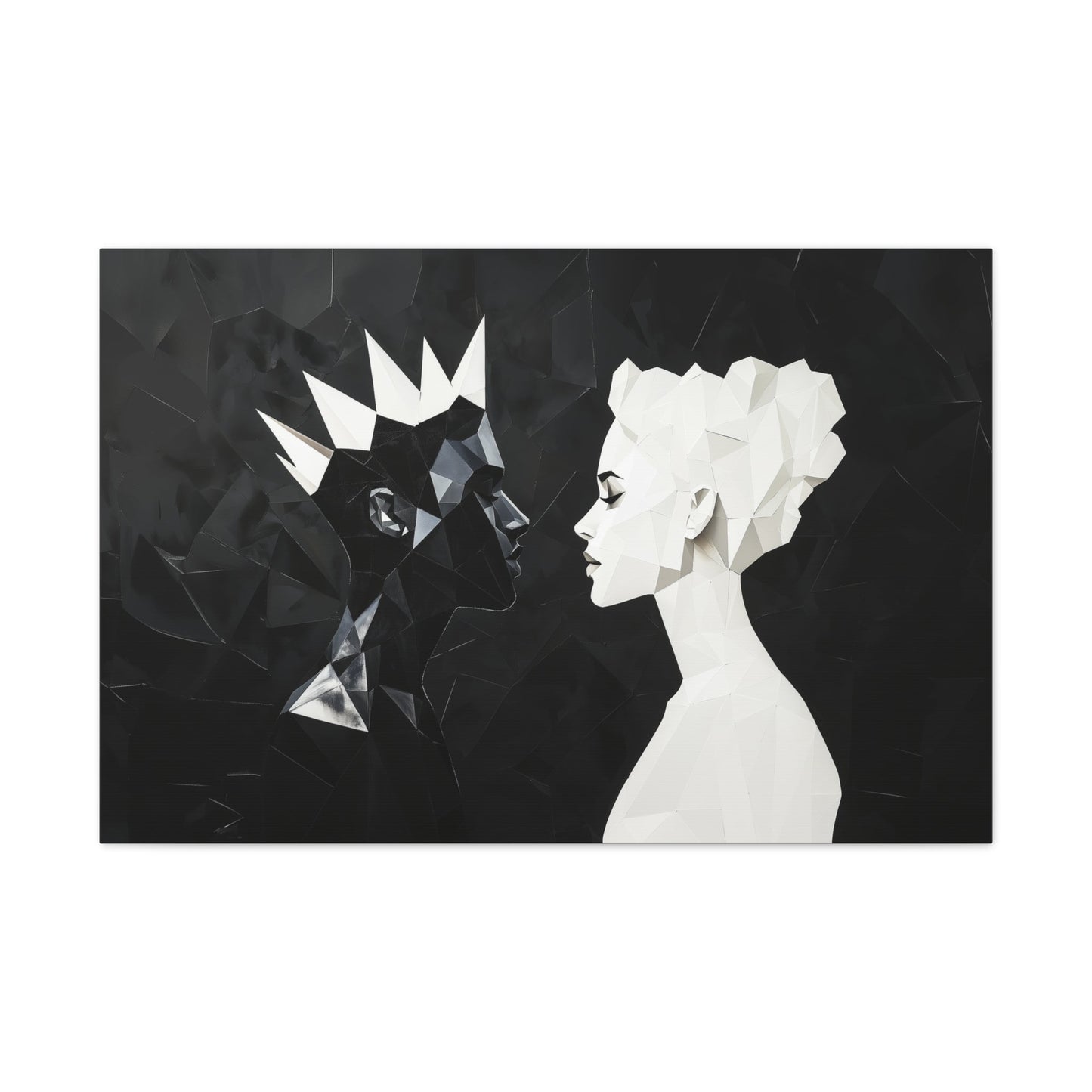 Horizontal-oriented wall art: "Kiss of Kings and Queens" A striking geometric artwork depicting an interracial couple, a Black king and a White queen, leaning in for an intimate moment, their fragmented profiles symbolizing unity and love. Bold black-and-white contrasts create a modern, abstract representation of harmony and diversity.