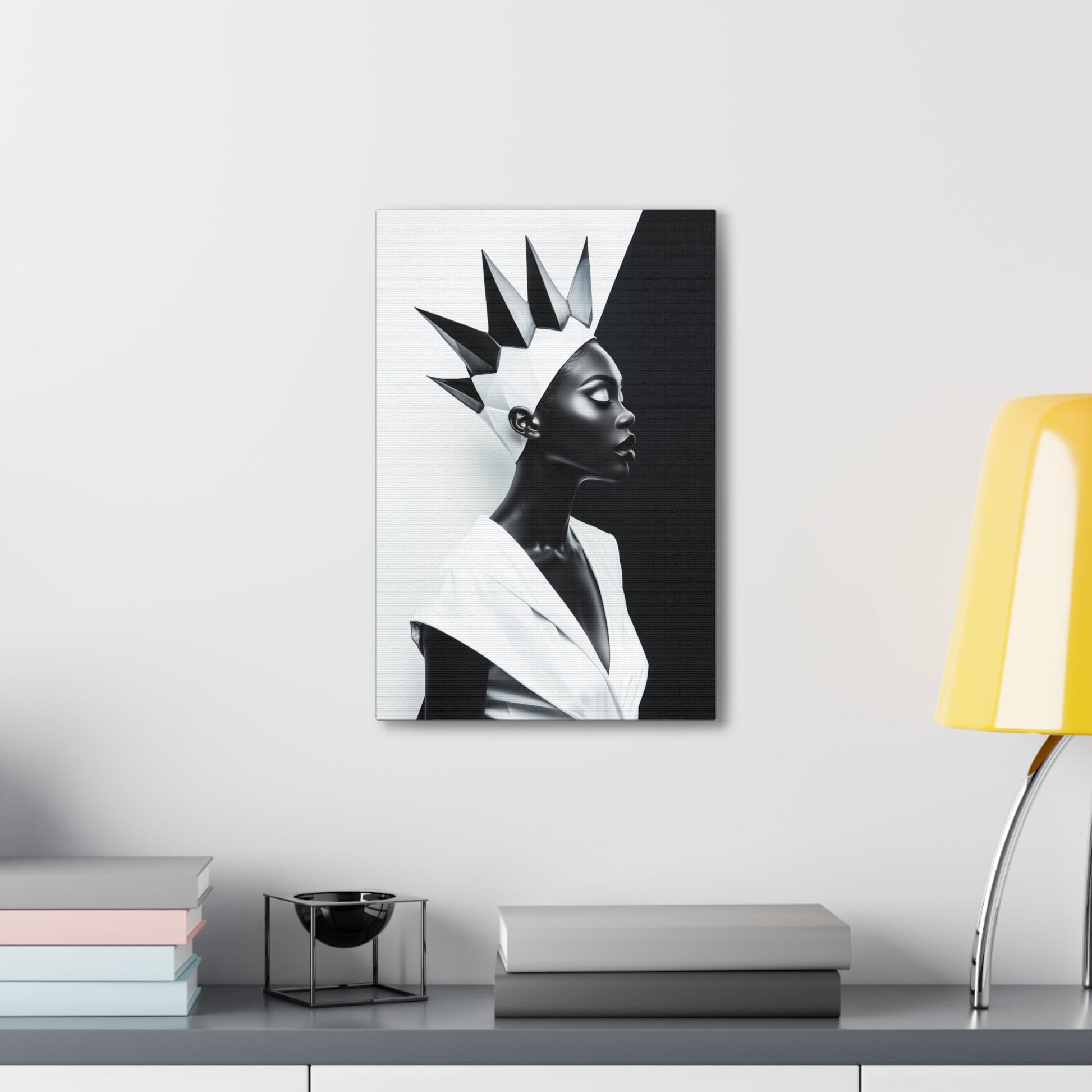 Vertical-oriented wall art: "Majestic Symmetry II" A striking portrait of a modern Black queen with a sharp geometric crown, set against a bold monochromatic background. The artwork highlights her regal elegance and symmetry, blending contemporary design with timeless sophistication.