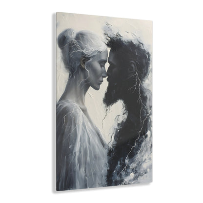 Vertical-oriented wall art: "Storm of Affection" from the Elysian Legends collection depicts Zeus and Hera in a surreal, tempestuous scene surrounded by swirling clouds and lightning, symbolizing their passionate and conflict-filled love. The dramatic lighting and ethereal elements enhance the divine and mythical atmosphere, drawing viewers into the epic narrative of these Greek gods.