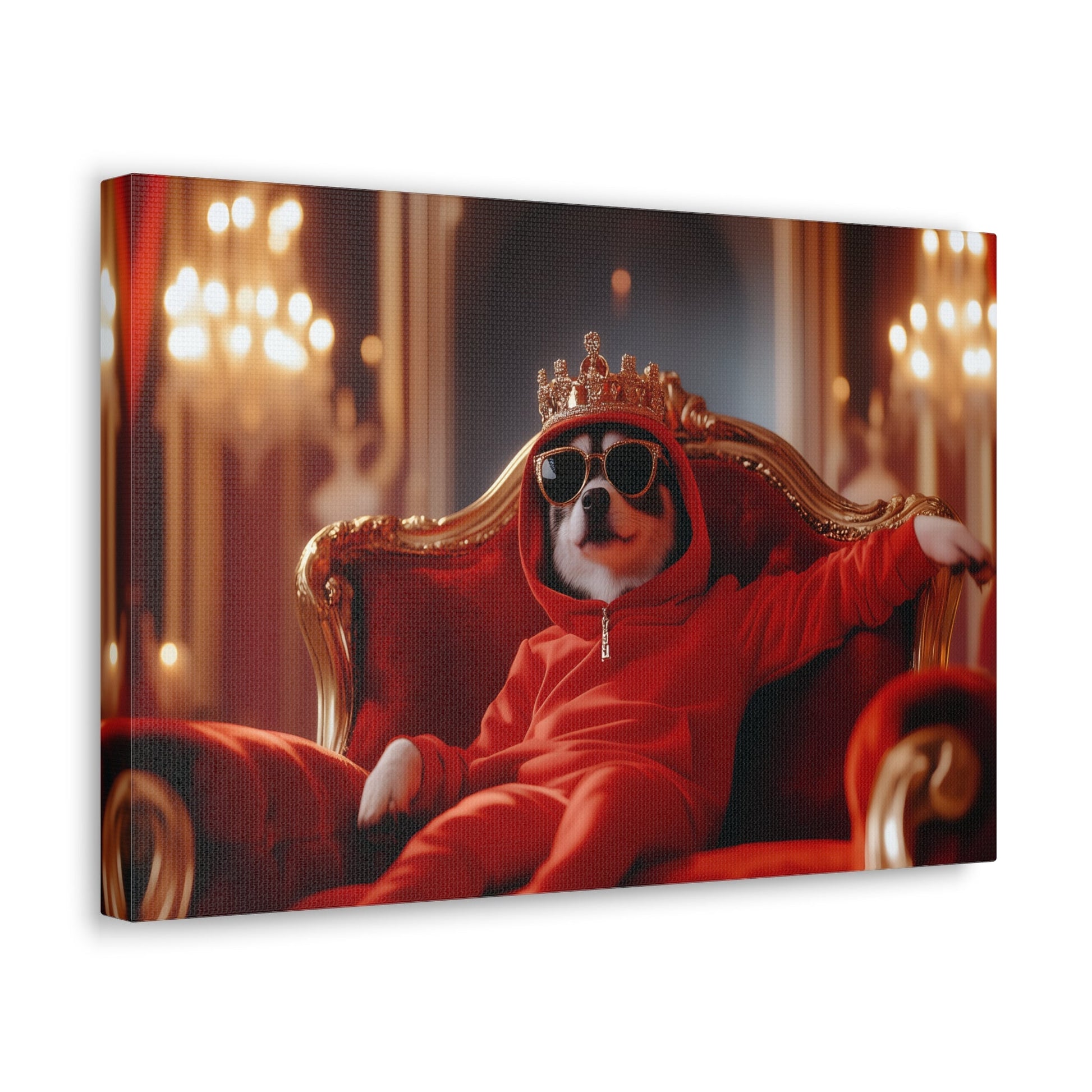 Horizontal-oriented wall art: "Crowned Companion III" A stylish dog lounges on a golden throne, wearing a crown, sunglasses, and a red hoodie in a luxurious royal setting. This playful artwork combines elegance and humor, portraying the pet as a modern ruler with personality.