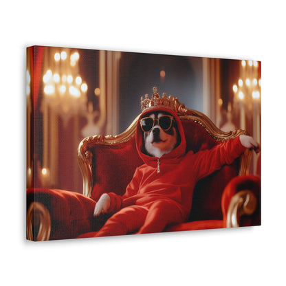 Horizontal-oriented wall art: "Crowned Companion III" A stylish dog lounges on a golden throne, wearing a crown, sunglasses, and a red hoodie in a luxurious royal setting. This playful artwork combines elegance and humor, portraying the pet as a modern ruler with personality.