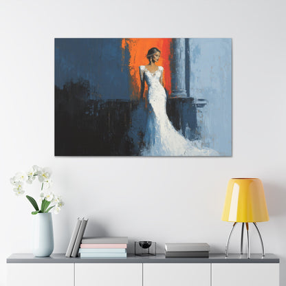 Horizontal-oriented wall art: "Ivory Vision." A poised woman stands gracefully in an ivory gown, illuminated by warm light against a vibrant orange and cool blue background. The palette knife painting technique enhances the textured details, evoking elegance and serenity.