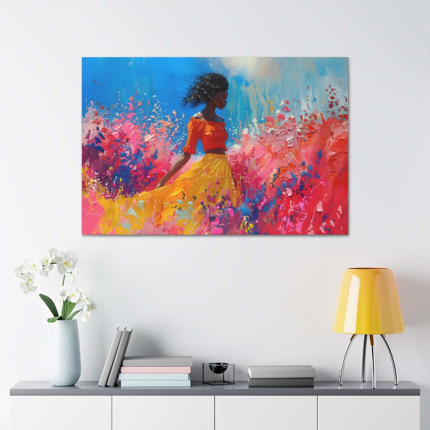 Horizontal-oriented artwork: An abstract palette knife oil painting featuring a woman walking through a colorful landscape of swirling paint splashes and vibrant hues.