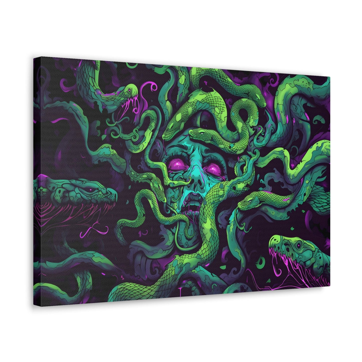 Horizontal-oriented artwork: An eerie digital illustration depicting the mythical figure Medusa, with vivid green and purple hues. Medusa's captivating gaze is surrounded by swirling, eldritch energies, evoking an aura of mystery and allure.