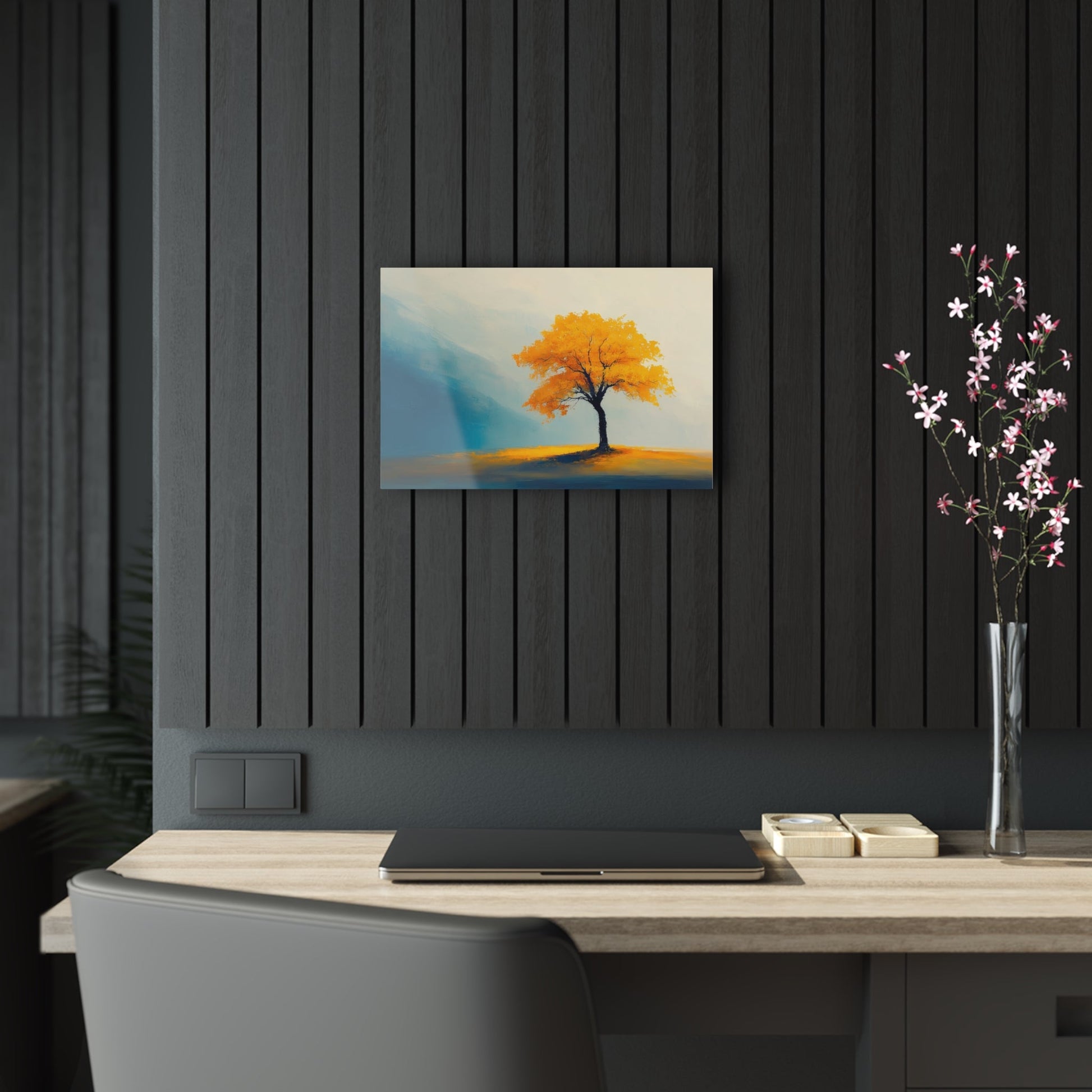 Horizontal-oriented wall art: Artwork titled Autumn’s Glow from the Ethereal Horizons collection, featuring a vibrant golden tree standing alone in a serene, misty landscape. The composition combines warm amber tones with soft teal hues, evoking tranquility and the timeless beauty of autumn.