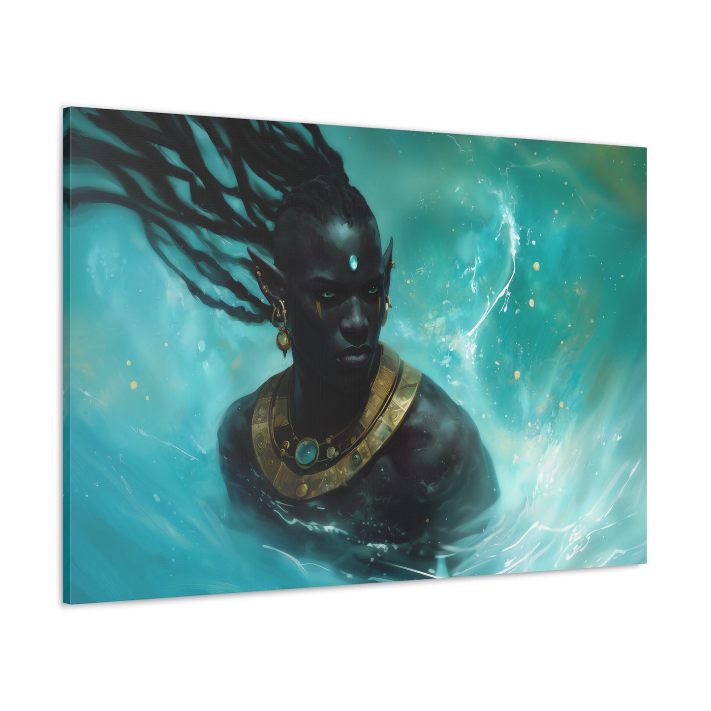 Horizontal-oriented wall art: "Obsidian Elegance II" A striking portrait of a Black elf adorned with intricate golden jewelry, surrounded by swirling, vibrant turquoise water. The composition highlights the figure's regal presence and otherworldly grace in a captivating fantasy setting.