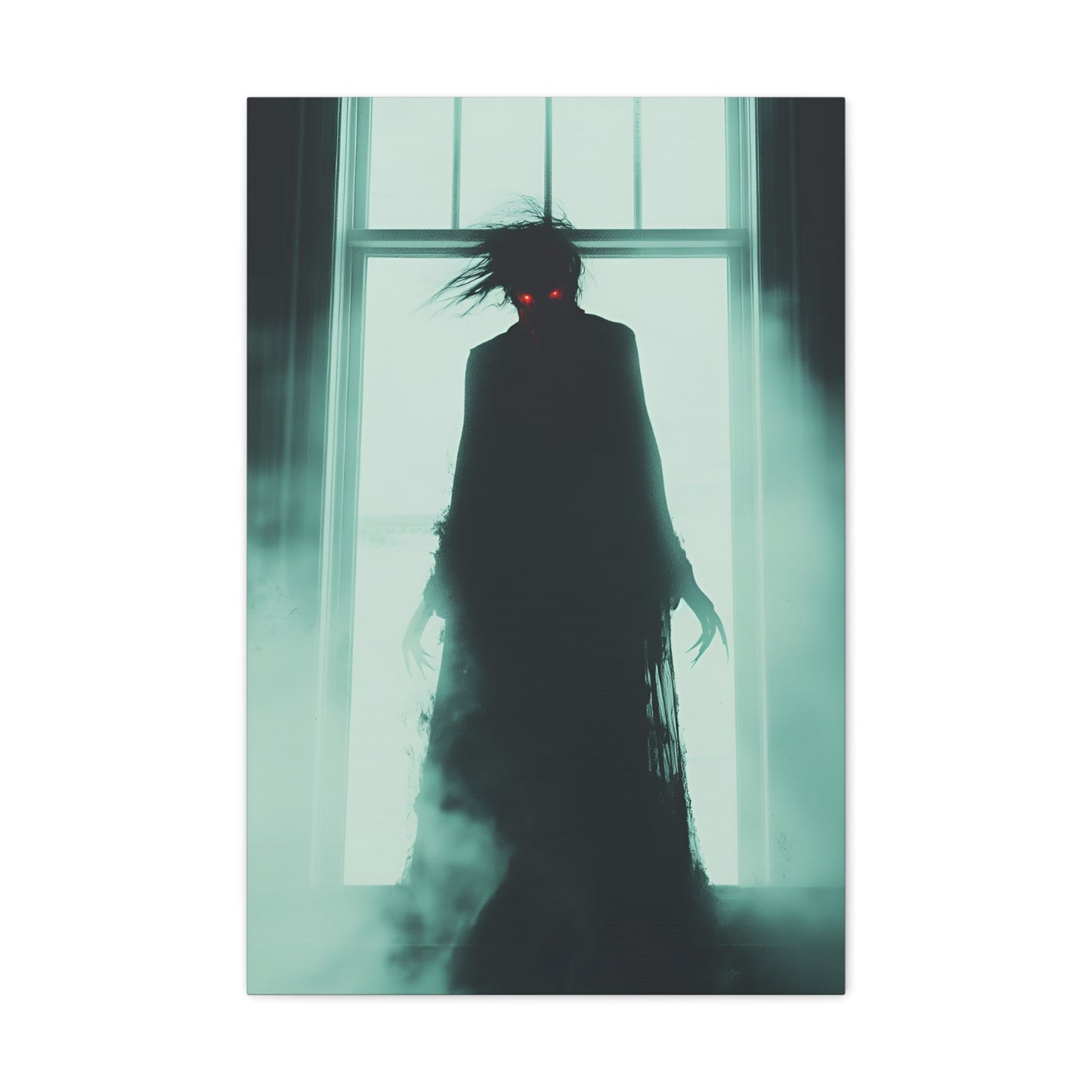 Vertical-oriented wall art: "Haunting Hunger II." A shadowy vampire figure with glowing red eyes stands in a mist-filled room, backlit by a bright window. The eerie atmosphere and chilling silhouette evoke a sense of supernatural dread and Gothic elegance.