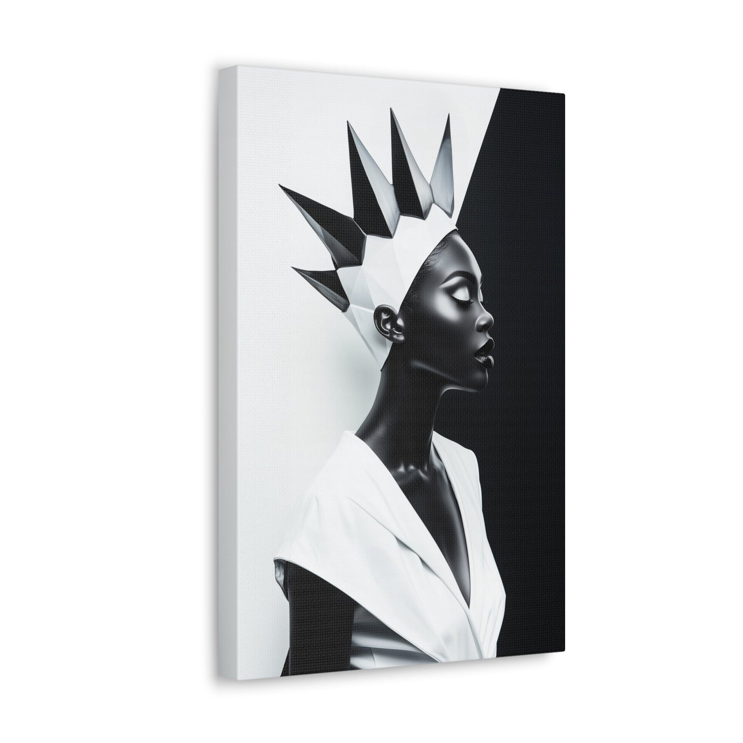 Vertical-oriented wall art: "Majestic Symmetry II" A striking portrait of a modern Black queen with a sharp geometric crown, set against a bold monochromatic background. The artwork highlights her regal elegance and symmetry, blending contemporary design with timeless sophistication.