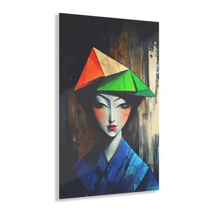 Vertical-oriented wall art: "Fractured Elegance." An Asian woman in traditional attire is depicted in a Cubist style, her serene expression framed by angular geometric shapes in blue, green, and orange. Dramatic lighting highlights the vibrant palette and intricate textures, creating a sophisticated and ethereal composition.