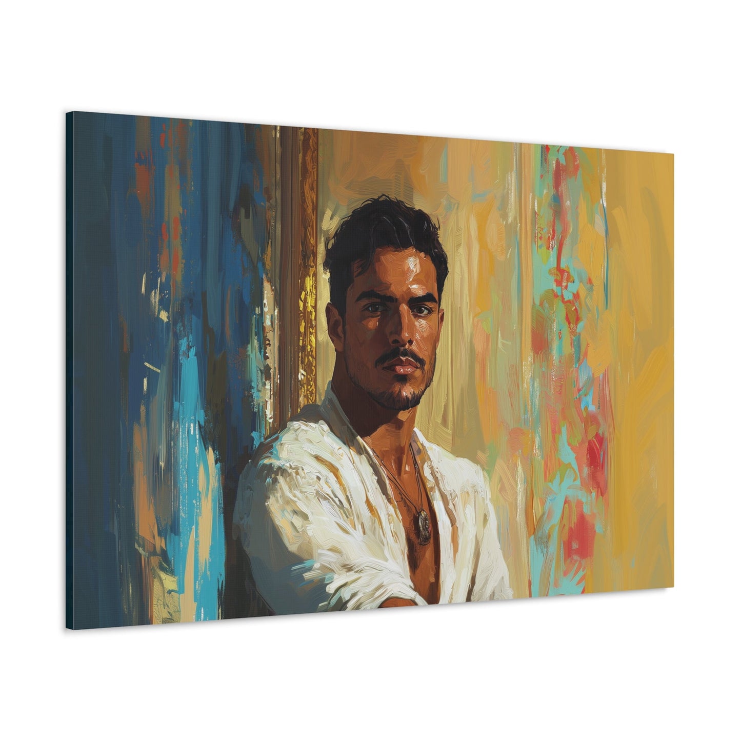 Horizontal-oriented wall art: "Stillness in Strength." A contemplative Latino man gazes forward with quiet confidence, surrounded by warm golden hues and cool blue accents. The oil painting style and radiant lighting create a refined and introspective composition.