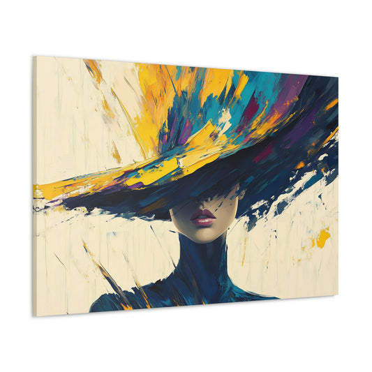 Horizontal-oriented wall art: "Veiled Radiance" A striking artwork featuring a partially obscured figure with a vibrant, sweeping hat created with bold palette knife strokes in deep blues, yellows, and purples. The piece exudes elegance and mystery, blending abstract textures with a sense of dynamic motion.