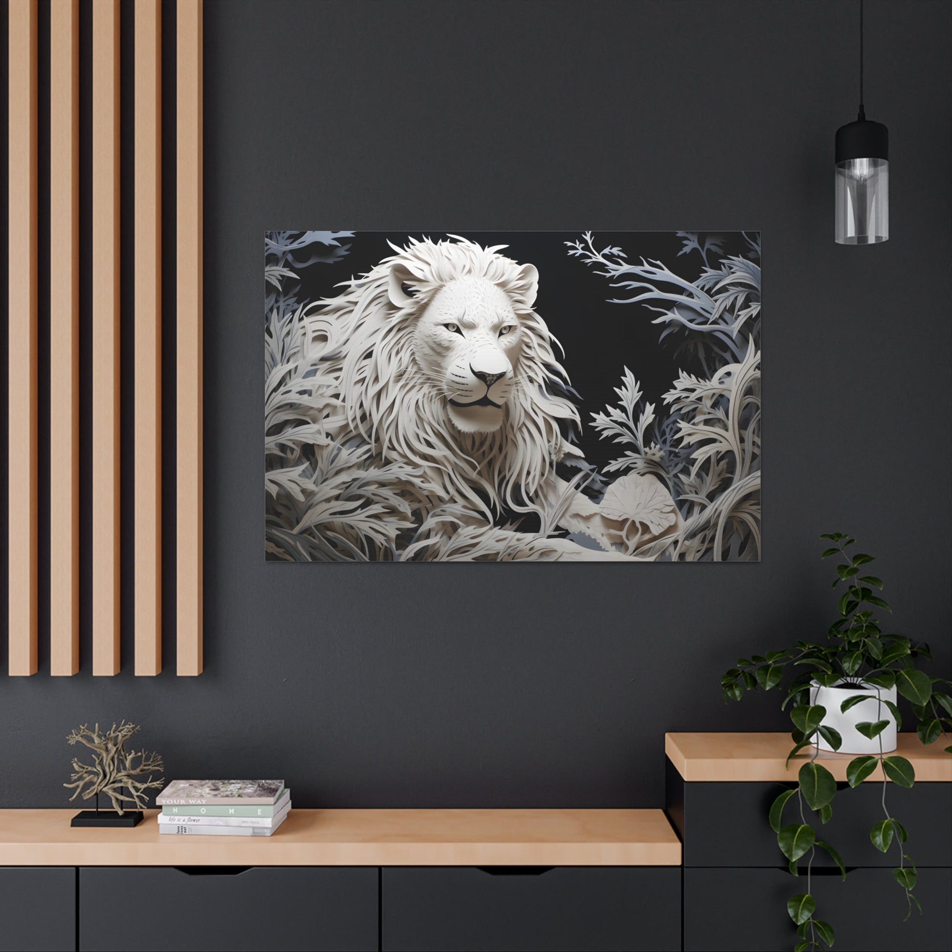 Horizontal-oriented wall art: Celebrate the majestic beauty of the lion with 'Cut to the King,' a stunning piece from our Wildlife Whims collection. This paper cutout inspired artwork captures the regal essence of the king of the jungle, with exquisite details and vibrant colors, adding a touch of the wild to your space.