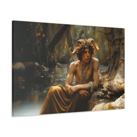 Horizontal-oriented wall art: A faun with ram-like horns sits in quiet contemplation by a serene woodland stream. The faun is surrounded by the tranquil beauty of nature, with trees and water creating a peaceful backdrop. This artwork captures the mythical creature in a moment of solitude, blending the enchanting allure of mythology with the calm of its natural surroundings.