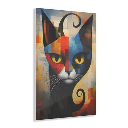 Vertical-oriented wall art: A vibrant cubist-style portrait of a cat, featuring a geometric composition with bold shapes and colors. The cat's eyes are bright yellow, set against a dynamic background of intersecting blocks in shades of red, blue, orange, and yellow.