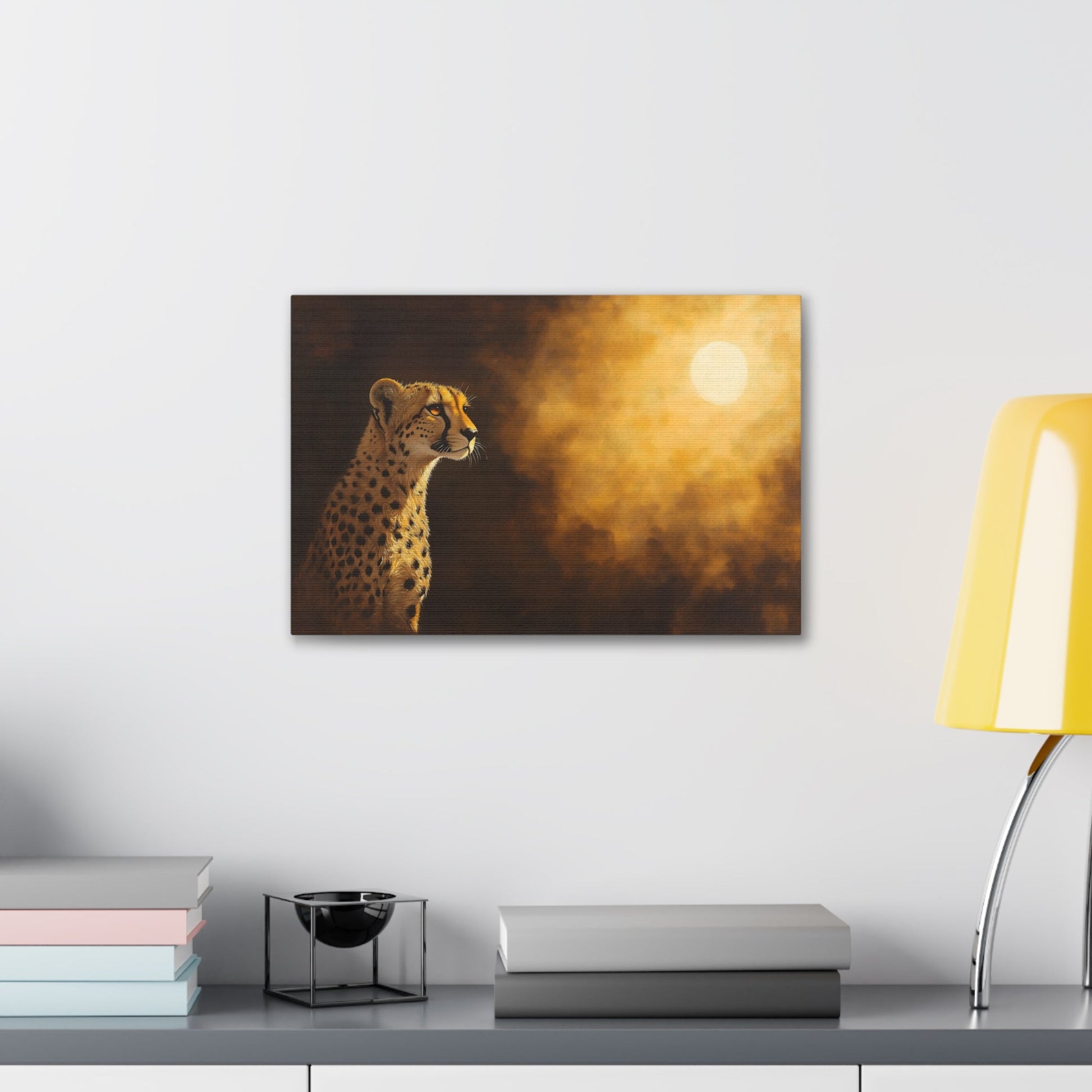 Horizontal-oriented wall art: "Shadowed Speed III" A cheetah gazes into the distance, bathed in the warm glow of a mysterious light source against a softly lit, golden background. The detailed fur and majestic pose are highlighted by dramatic shadows, capturing the animal's grace and strength in a serene moment.