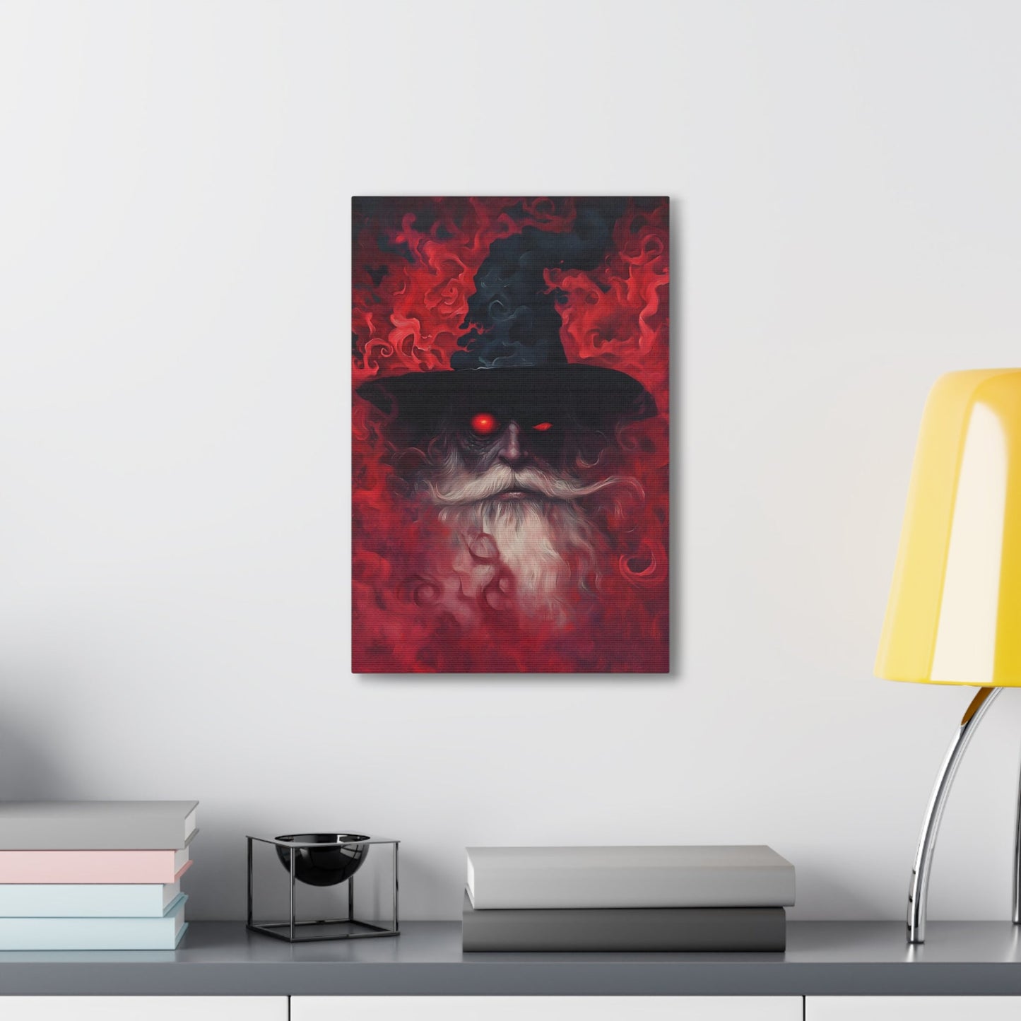 Vertical-oriented wall art: "The Wizard's Veil II" A mysterious wizard with glowing red eyes emerges from a swirling, crimson mist, his expression intense and otherworldly. The deep reds and intricate textures create an aura of magic and dark fantasy, drawing viewers into his enchanted realm.