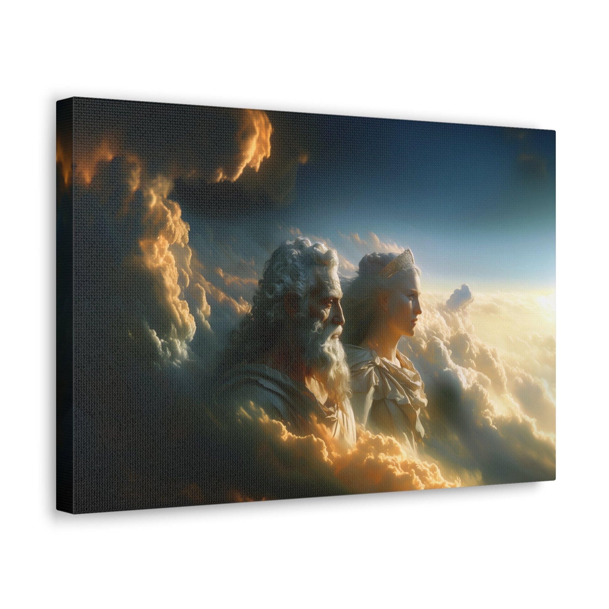 Horizontal-oriented wall art: "Storm of Affection" from the Elysian Legends collection depicts Zeus and Hera in a surreal, tempestuous scene surrounded by swirling clouds and lightning, symbolizing their passionate and conflict-filled love. The dramatic lighting and ethereal elements enhance the divine and mythical atmosphere, drawing viewers into the epic narrative of these Greek gods.