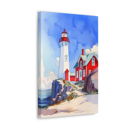 Vertical-oriented wall art: A watercolor-style painting of a lighthouse perched on rocky cliffs overlooking a vast ocean. The sky is painted in shades of blue with wispy white clouds, and the rugged coastline is depicted in intricate detail.