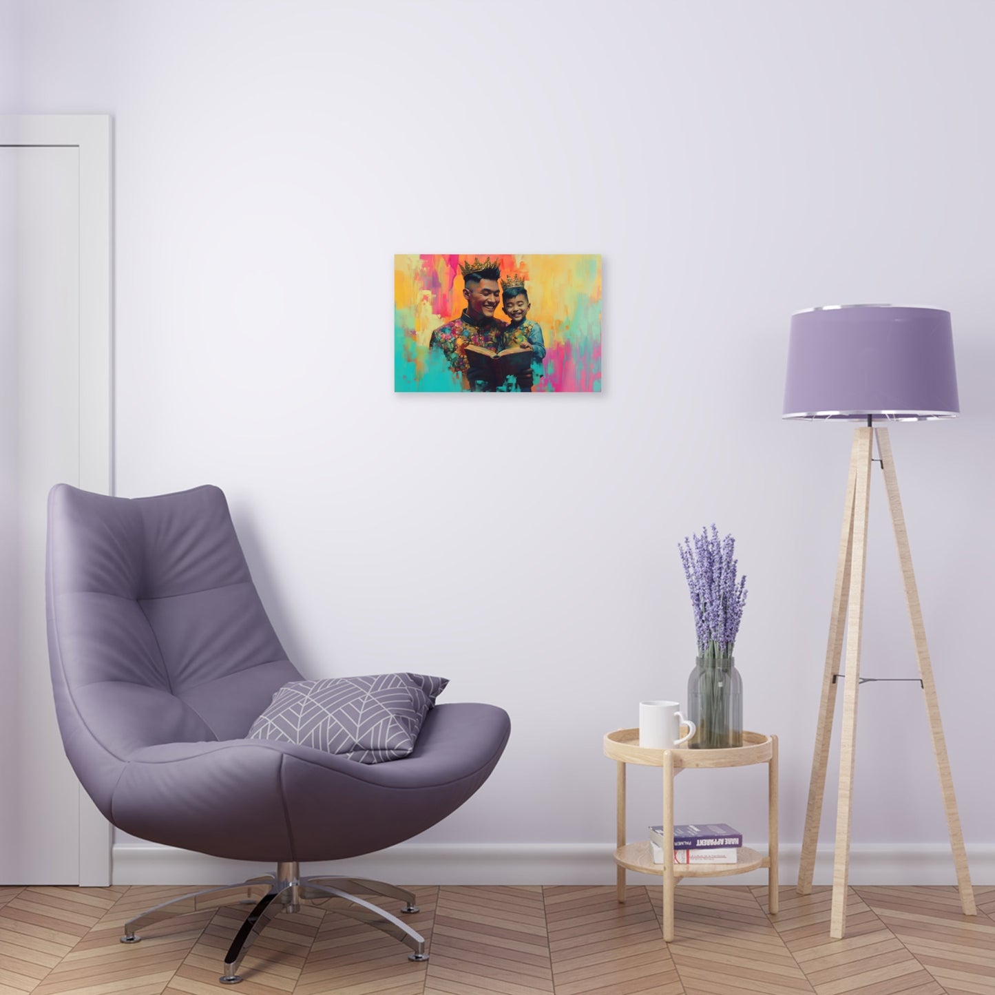 Horizontal-Oriented wall art: "Crowning Knowledge V" depicts a joyful father and son wearing golden crowns, smiling as they share a moment of reading together against a vibrant, abstract background of pinks, oranges, and blues. The artwork blends detailed portraiture with a playful, colorful backdrop, capturing the warmth and happiness of family bonds.