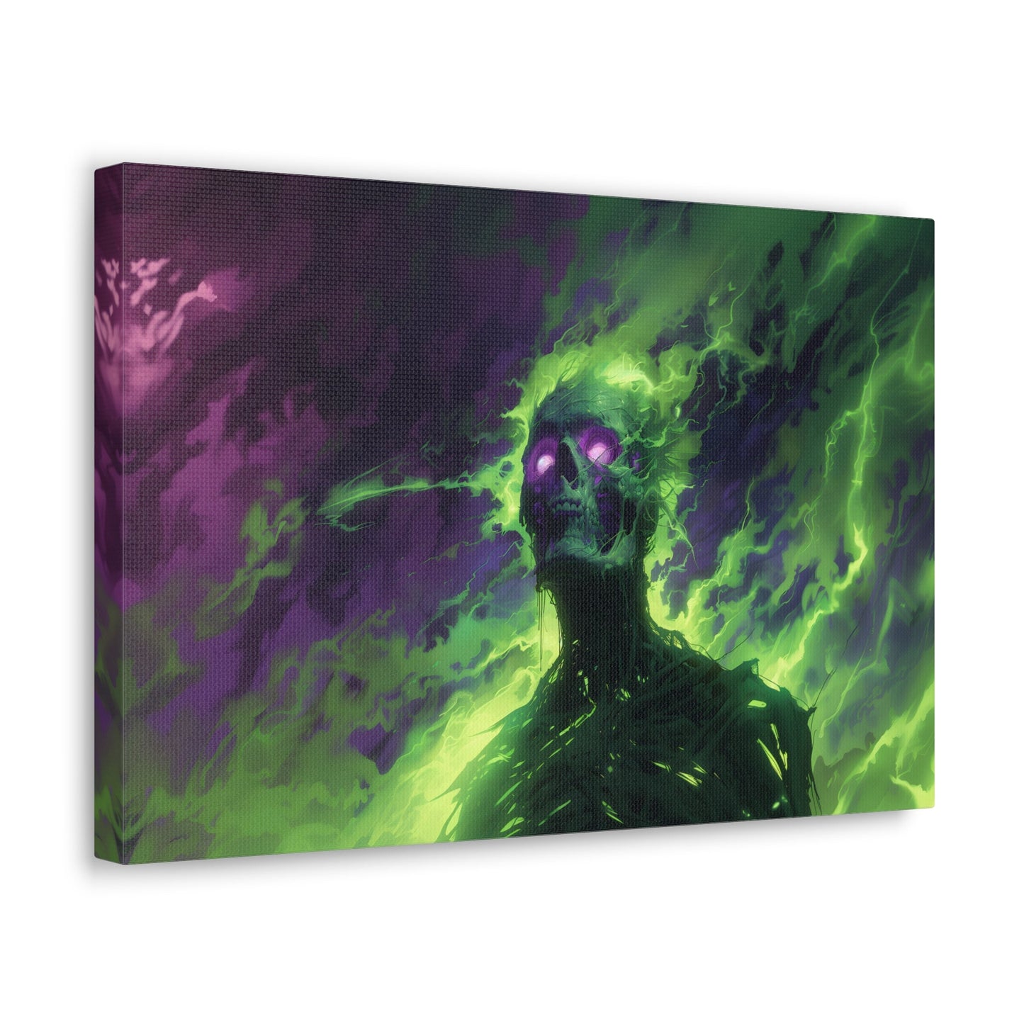 Horizontal-oriented artwork: An eerie illustration featuring a mystical lich with glowing eyes, surrounded by eldritch energies in shades of green and purple, against a dark, ominous background.