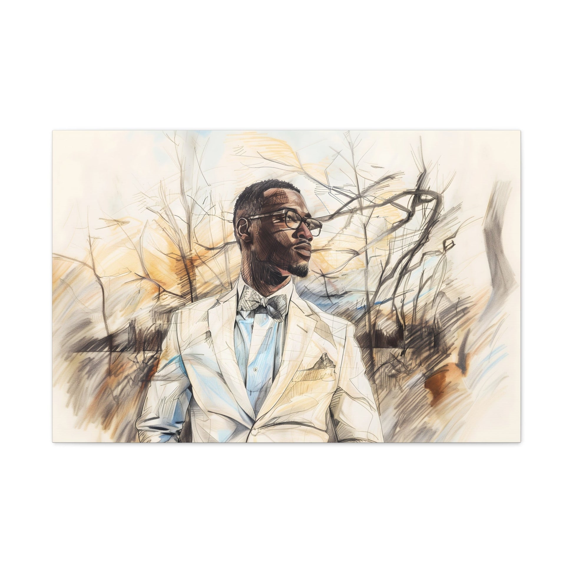 Horizontal-oriented artwork: Digital artwork depicting a stylish man wearing glasses and a white suit against a backdrop of trees.