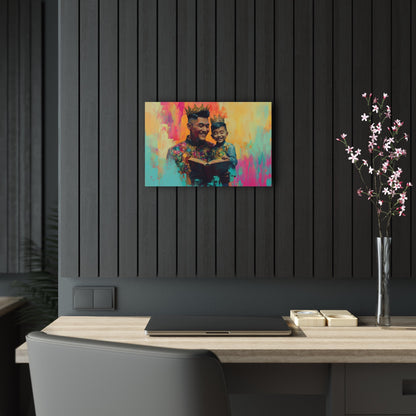 Horizontal-Oriented wall art: "Crowning Knowledge V" depicts a joyful father and son wearing golden crowns, smiling as they share a moment of reading together against a vibrant, abstract background of pinks, oranges, and blues. The artwork blends detailed portraiture with a playful, colorful backdrop, capturing the warmth and happiness of family bonds.