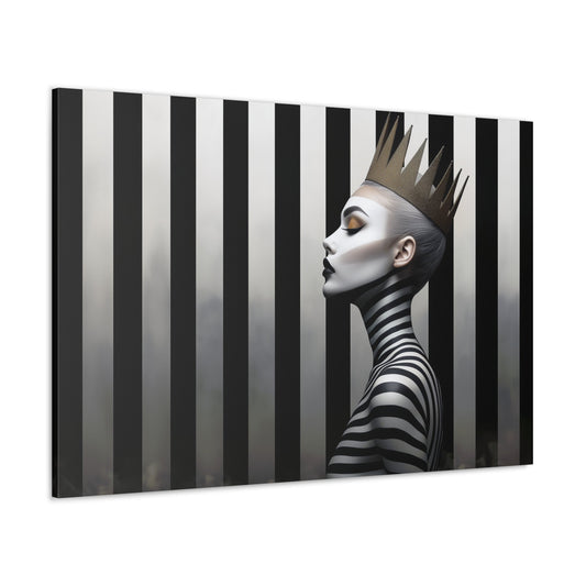 Horizontal-oriented wall art: "Geometric Grace" A regal queen with a sleek gold crown stands gracefully against a dramatic backdrop of black and gold vertical stripes. Her form is adorned with striking geometric patterns, blending elegance and modern artistry.