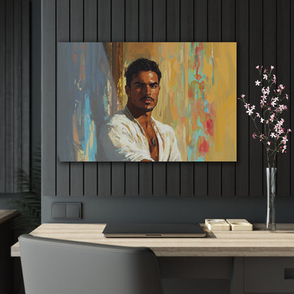 Horizontal-oriented wall art: "Stillness in Strength." A contemplative Latino man gazes forward with quiet confidence, surrounded by warm golden hues and cool blue accents. The oil painting style and radiant lighting create a refined and introspective composition.