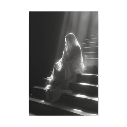 Vertical-oriented wall art: An eerie depiction of a ghostly apparition, its translucent form sitting on stairs, surrounded by a soft, ethereal glow.