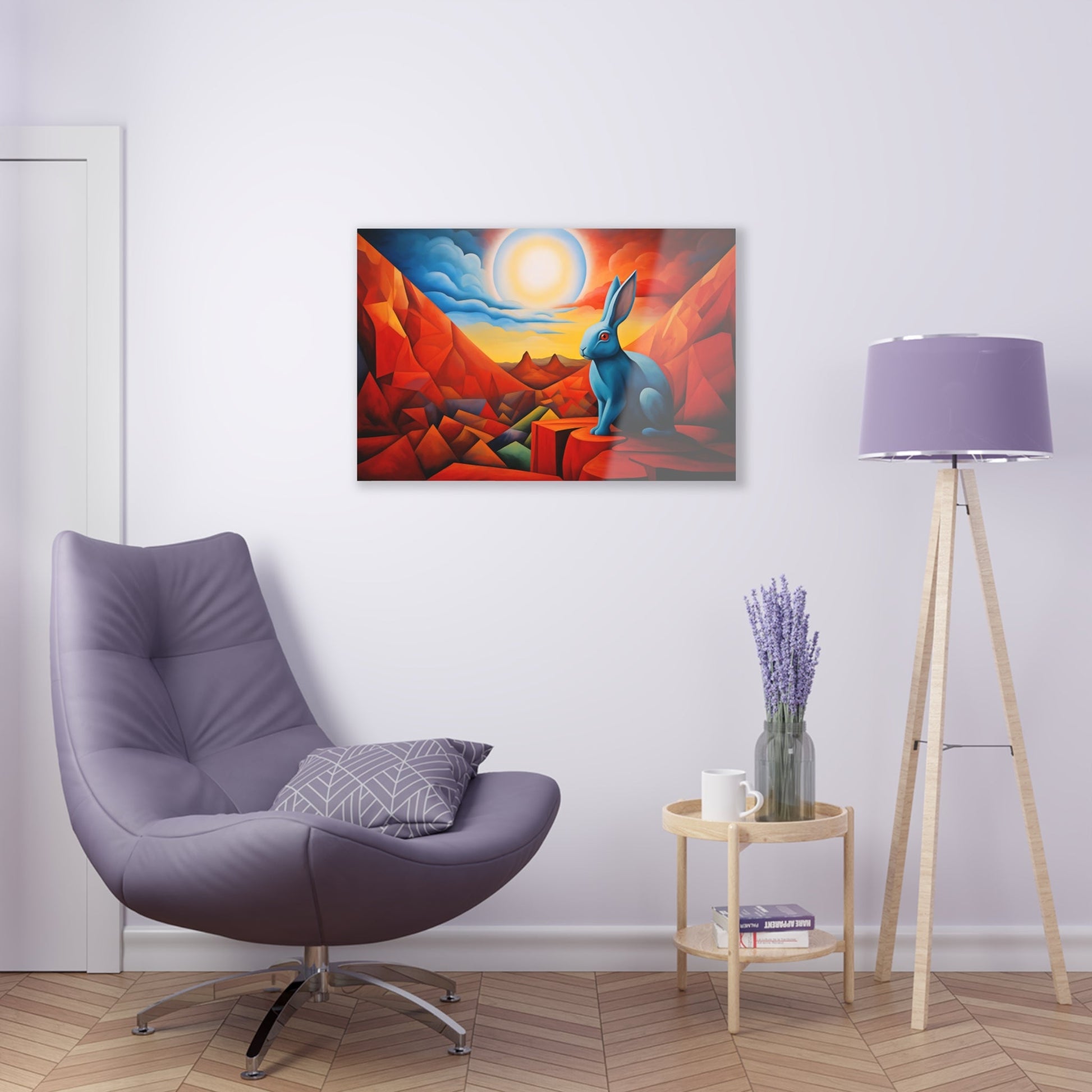 Horizontal-oriented wall art: "Vortic Hare III" features a vibrant blue rabbit sitting calmly on angular red rocks in a surreal, geometric landscape with a glowing sun in the background. The bold contrast of vivid blue, red, and orange tones evokes a dynamic fusion of Vorticism, Cubism, and Surrealism.