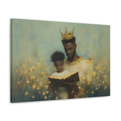 Horizontal-oriented wall art: A kingly father reads to his princely son, both adorned with crowns symbolizing the value of education. The painting features a magical realism style with whimsical elements, emphasizing the importance of knowledge and the bond between generations.