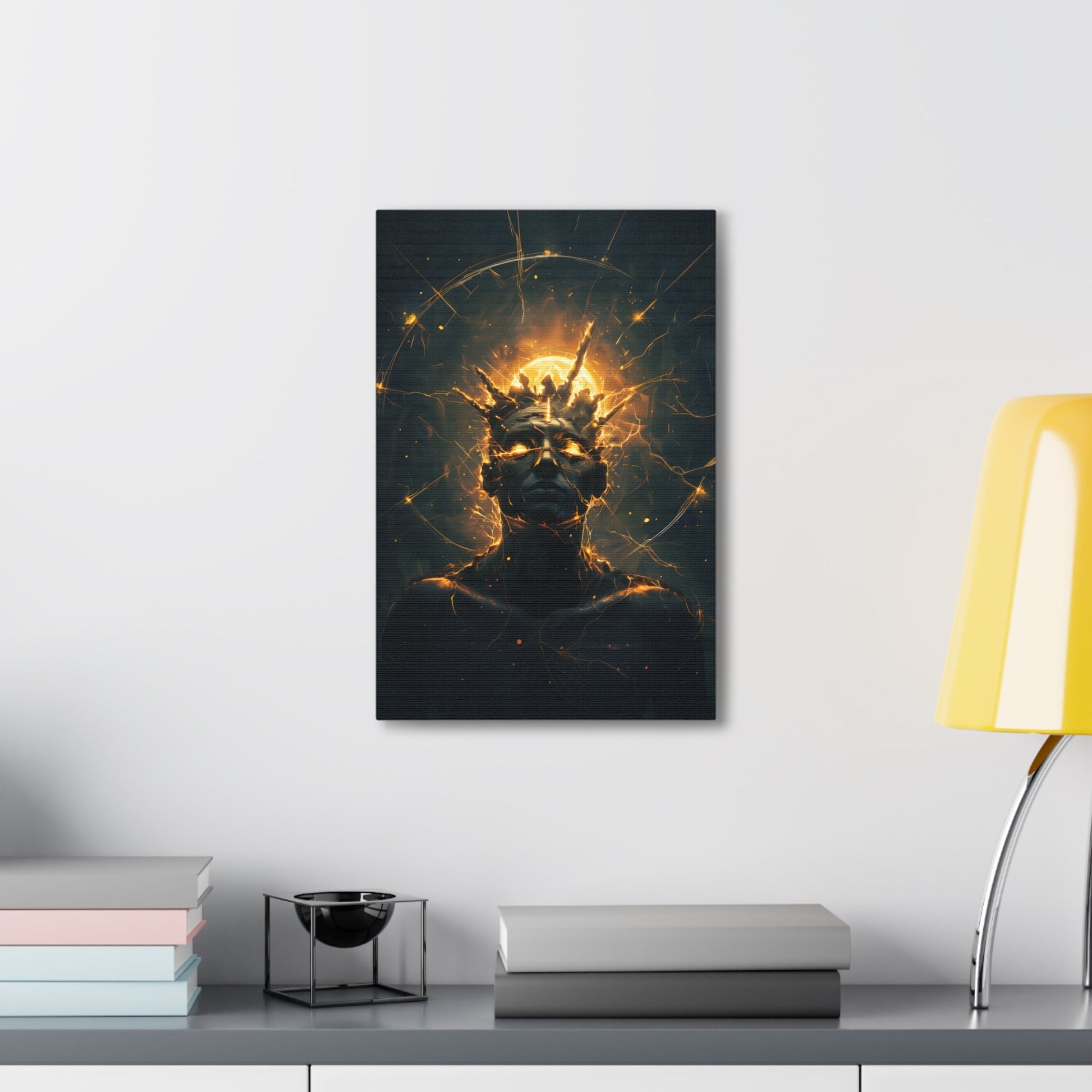 Vertical-oriented wall art: An undead mummified king stands regally in the desert sands, bathed in the warm golden light of the sun.