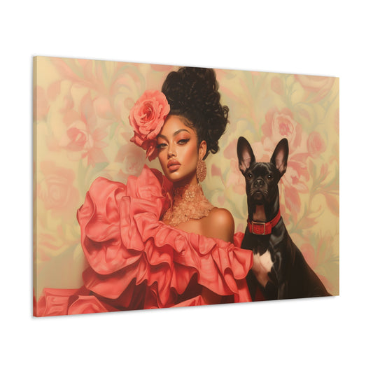 Horizontal-oriented wall art:  A stylish woman poses confidently with her pet, both exuding elegance and charm. The pencil drawing style is enhanced with vibrant colors, highlighting the strong bond between the fashionista and her beloved companion.