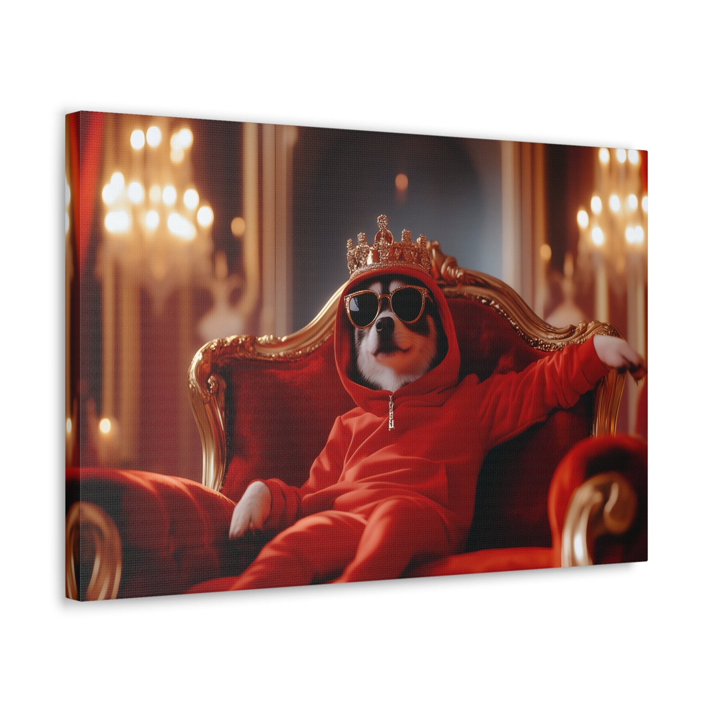 Horizontal-oriented wall art: "Crowned Companion III" A stylish dog lounges on a golden throne, wearing a crown, sunglasses, and a red hoodie in a luxurious royal setting. This playful artwork combines elegance and humor, portraying the pet as a modern ruler with personality.