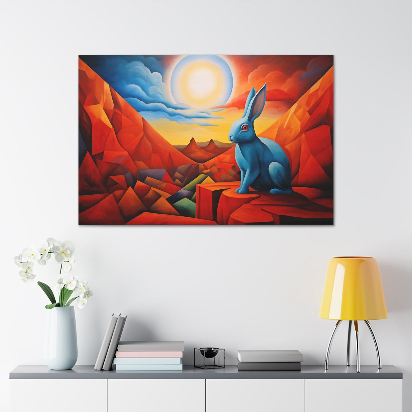 Horizontal-oriented wall art: "Vortic Hare III" features a vibrant blue rabbit sitting calmly on angular red rocks in a surreal, geometric landscape with a glowing sun in the background. The bold contrast of vivid blue, red, and orange tones evokes a dynamic fusion of Vorticism, Cubism, and Surrealism.