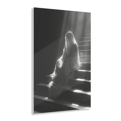 Vertical-oriented wall art: An eerie depiction of a ghostly apparition, its translucent form sitting on stairs, surrounded by a soft, ethereal glow.