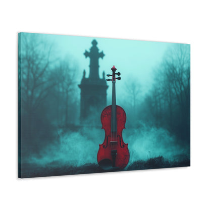 Horizontal-oriented wall art: "The Mourning Violin." A vivid red violin stands alone in a misty graveyard, framed by a dark, Gothic cross in the background. Diffused teal lighting and soft shadows create a haunting and melancholic atmosphere.