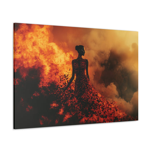 Horizontal-oriented wall art: "Ashes to Ember" A striking silhouette of a woman emerges from swirling flames, embodying the dynamic energy of fire. This vibrant artwork blends grace and intensity, showcasing the transformative power of the element within a fiery, atmospheric setting.