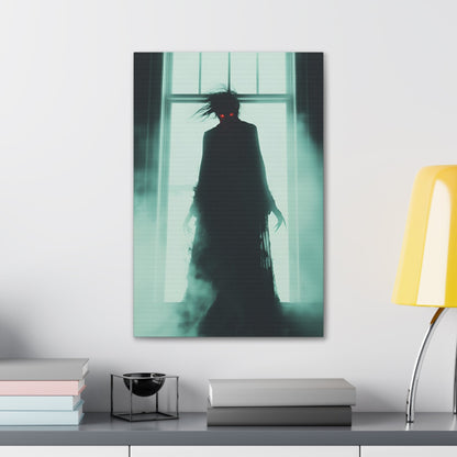 Vertical-oriented wall art: "Haunting Hunger II." A shadowy vampire figure with glowing red eyes stands in a mist-filled room, backlit by a bright window. The eerie atmosphere and chilling silhouette evoke a sense of supernatural dread and Gothic elegance.